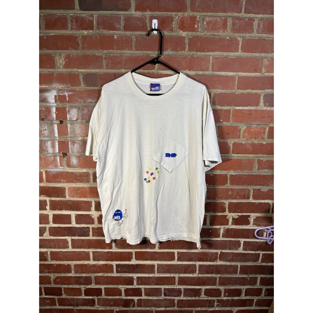 Vintage 90s M&M White Shirt Spilled Out Pocket Embroidered USA Made Adult XL